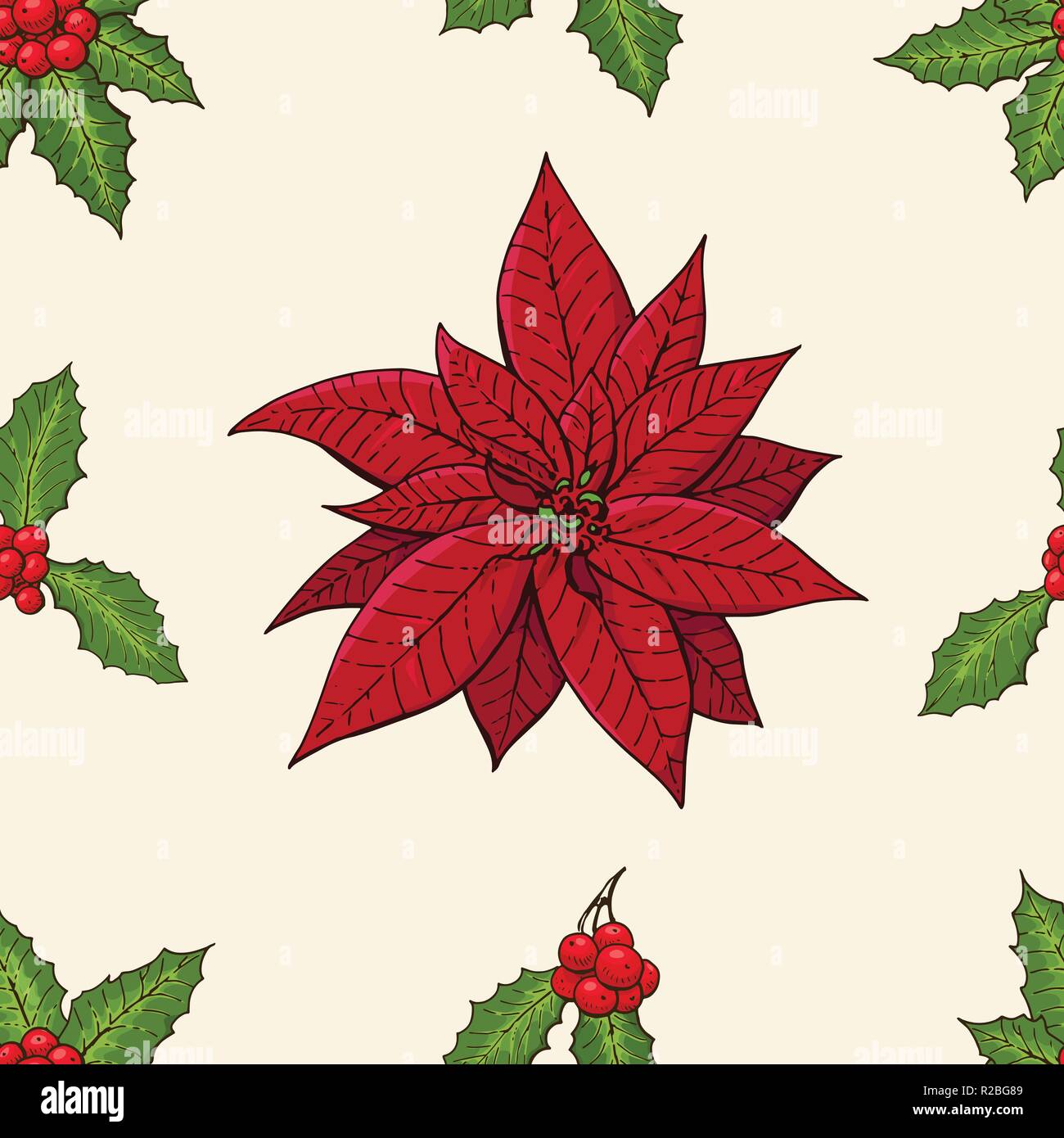 Modello senza soluzione di continuità con i tradizionali homeplant poinsettia e holly impianto. Infinite texture con fiore usate in ambienti interni. Vettore Illustrazione a colori. Illustrazione Vettoriale