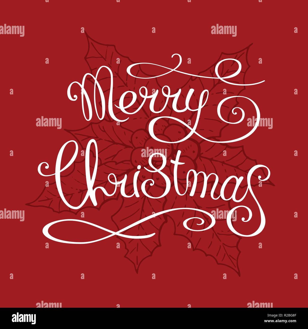 Fatto a mano scritte la frase 'Buon Natale' isolato su sfondo rosso con tradizionale holly impianto. Disegnate a mano calligraphy design modello di scheda. Illustrazione Vettoriale