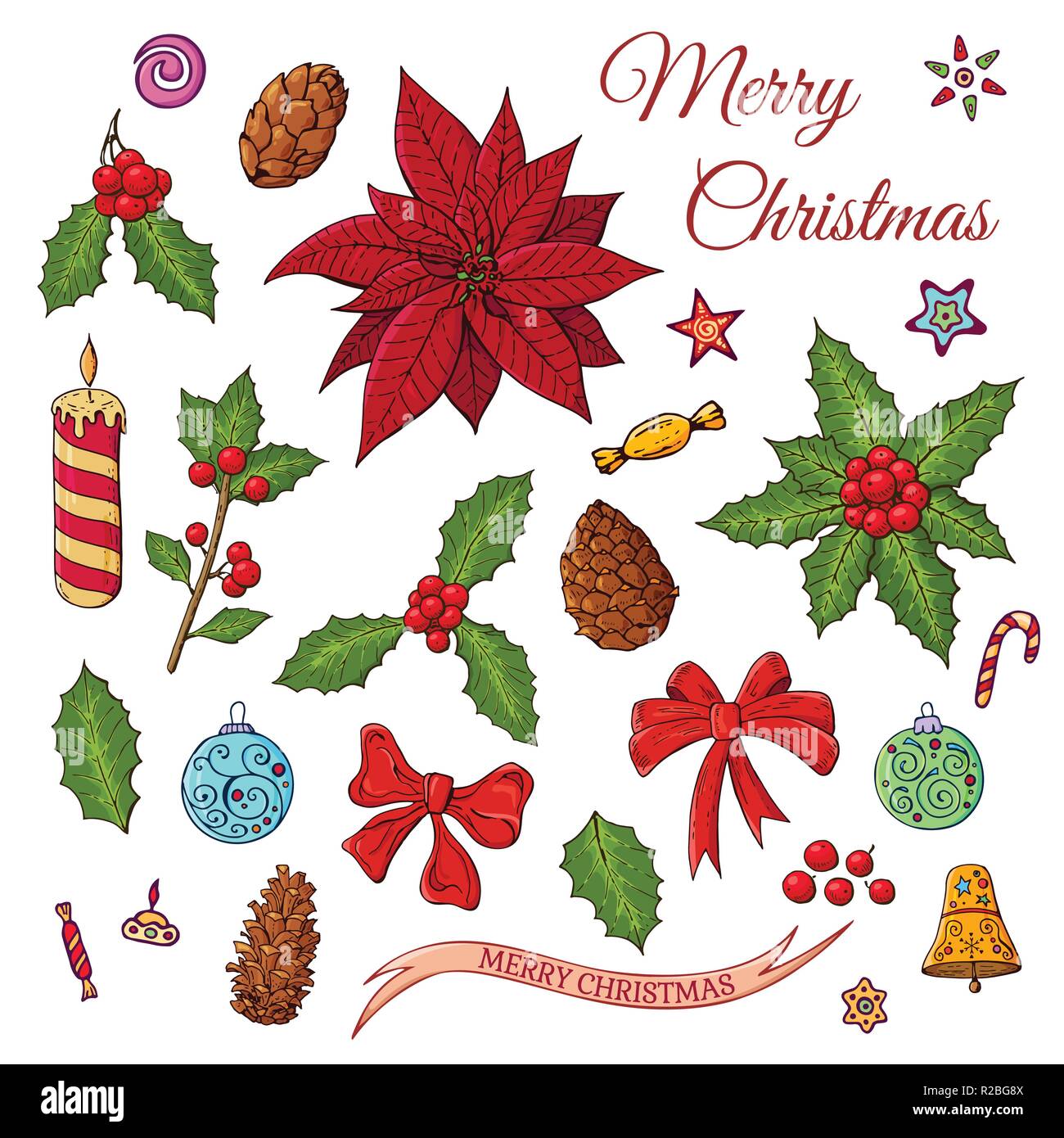 Set di Natale con elementi di festa. Holly pianta con bacca rossa e verde delle foglie e il vischio, Abete rami, sfere di vetro, campane, fiocchi. Isolato. Illustrazione Vettoriale