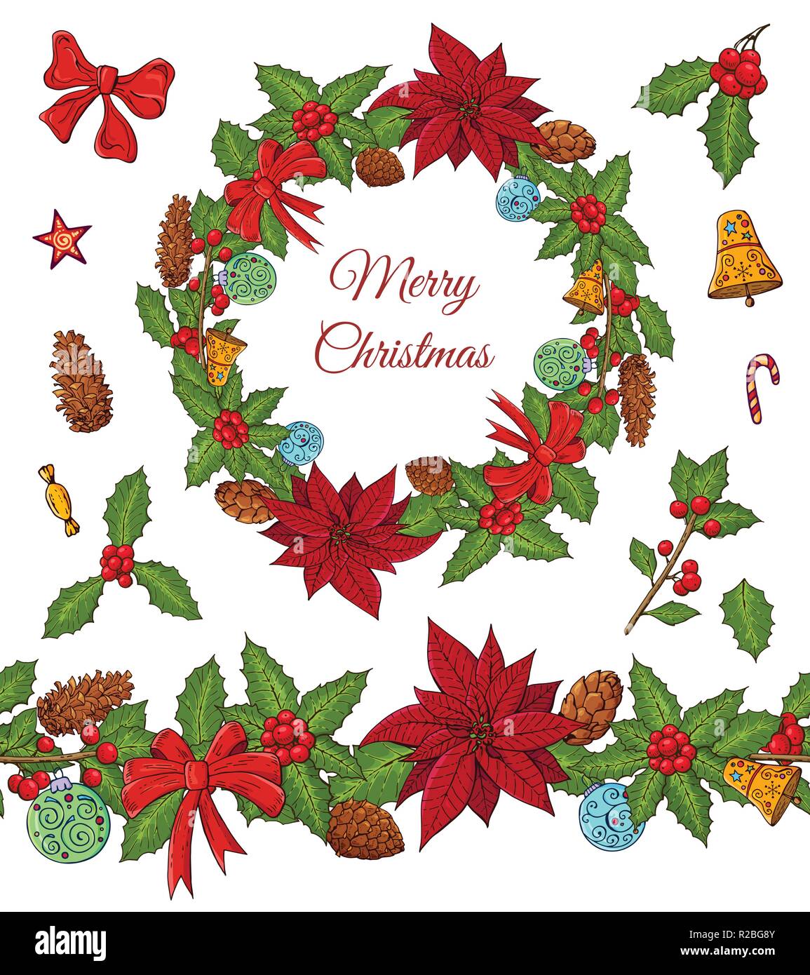 Set di Natale con elementi di festa. Inverno infinite garland con rami di abete, sfere di vetro, campane, fiocchi. Impianto di agrifoglio e vischio. Elementi isolati Illustrazione Vettoriale