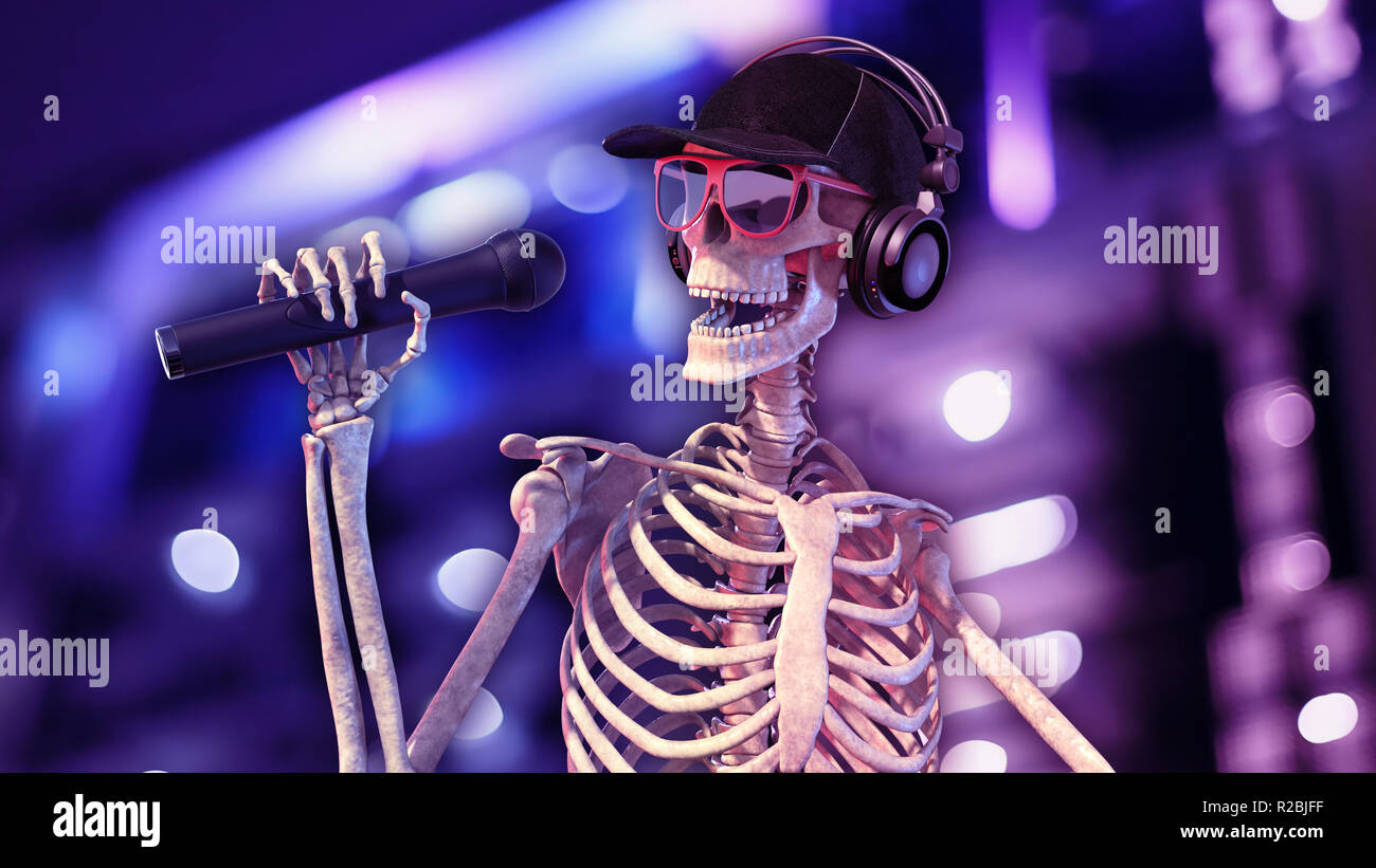 DJ ossa dello scheletro umano con microfono e hat riproduzione di musica sul giradischi, lo scheletro con disc jockey Equipaggiamento audio, rendering 3D Foto Stock