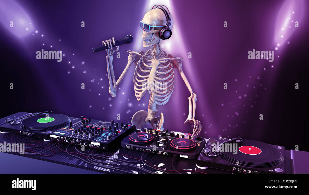 DJ ossa dello scheletro umano con microfono riproduzione di musica sul giradischi, lo scheletro sul palco con il disc jockey Equipaggiamento audio, rendering 3D Foto Stock