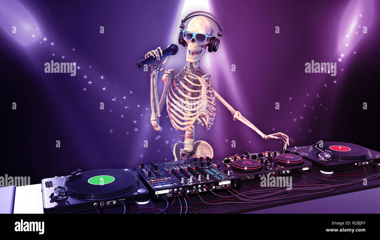 DJ ossa dello scheletro umano con microfono riproduzione di musica sul giradischi, lo scheletro con disc jockey Equipaggiamento audio, rendering 3D Foto Stock