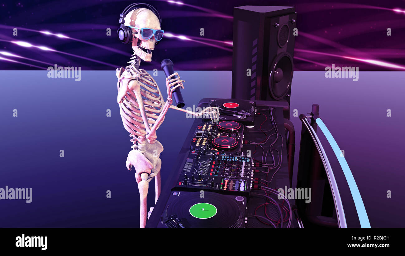 DJ ossa dello scheletro umano con microfono riproduzione di musica sul giradischi, lo scheletro con disc jockey Equipaggiamento audio, vista laterale, rendering 3D Foto Stock