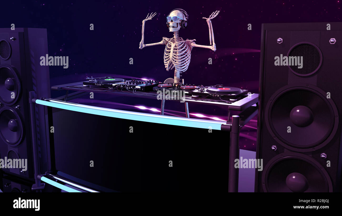 DJ ossa dello scheletro umano la riproduzione di brani musicali sul giradischi, lo scheletro sul palco con il disc jockey Equipaggiamento audio, rendering 3D Foto Stock