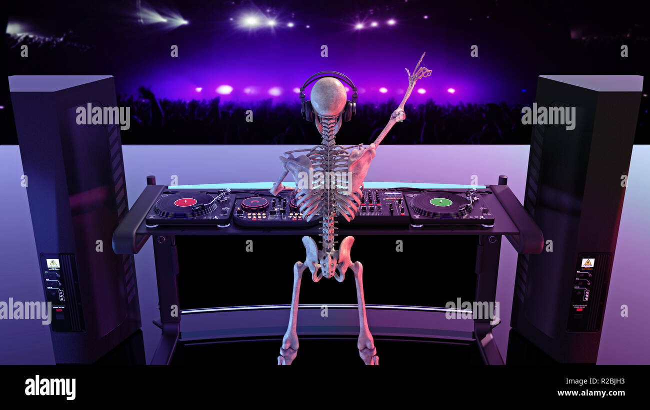 DJ ossa dello scheletro umano la riproduzione di brani musicali sul giradischi, lo scheletro sul palco con il disc jockey apparecchiature audio, vista posteriore, rendering 3D Foto Stock