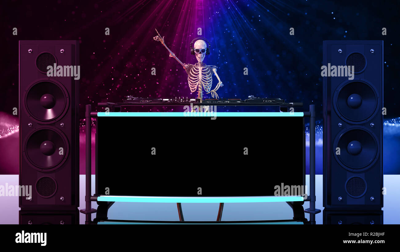 DJ ossa dello scheletro umano la riproduzione di brani musicali sul giradischi, lo scheletro con disc jockey apparecchiature audio, vista frontale, rendering 3D Foto Stock