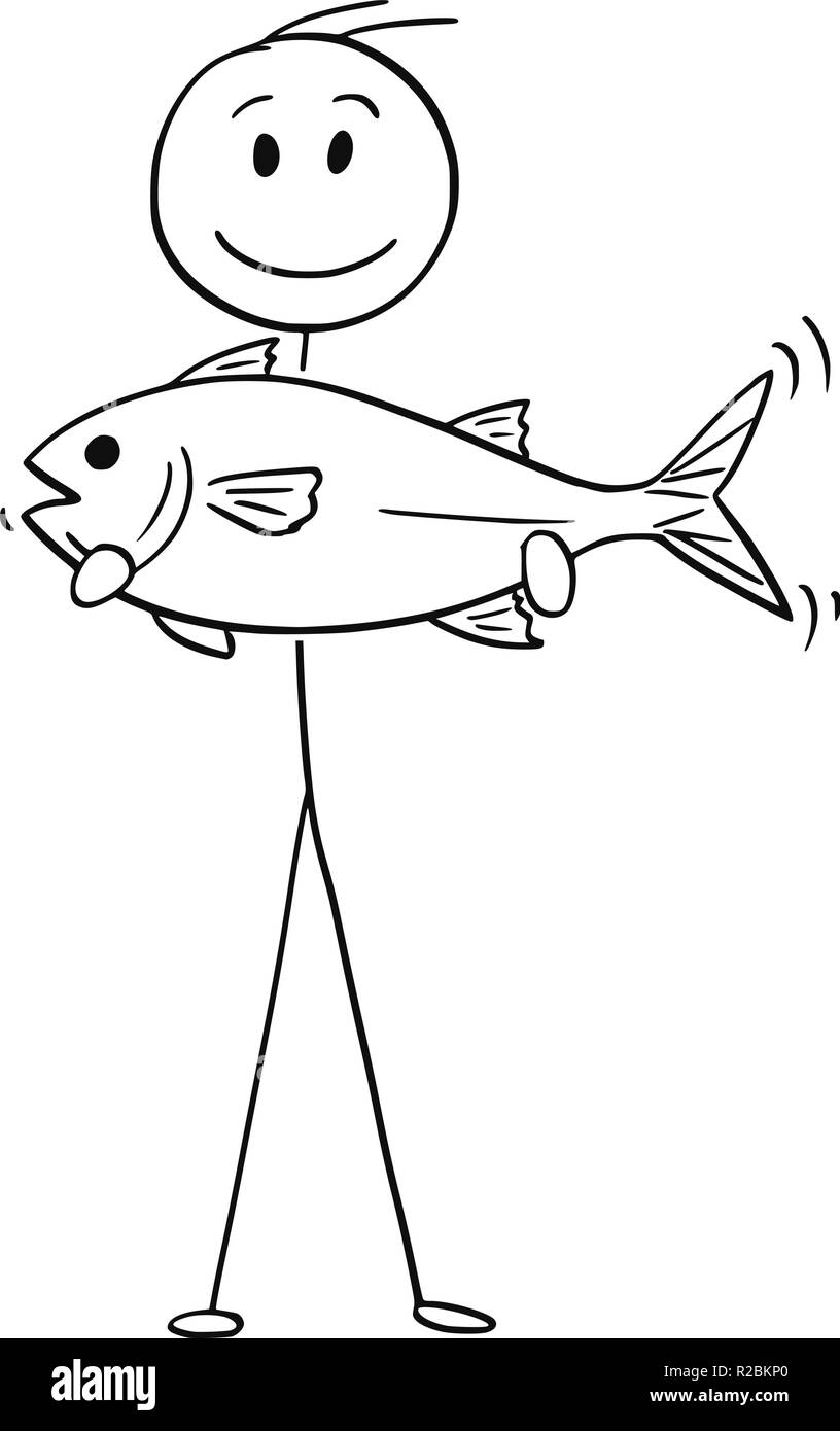Cartoon di pescatore in possesso di una cattura del pesce Illustrazione Vettoriale