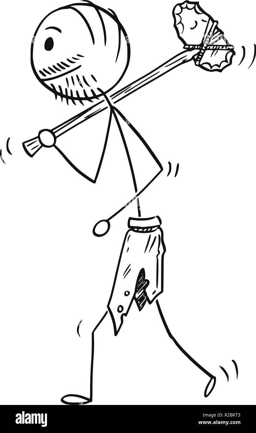 Cartoon di uomo preistorico o Caveman a piedi con ascia in pietra Illustrazione Vettoriale