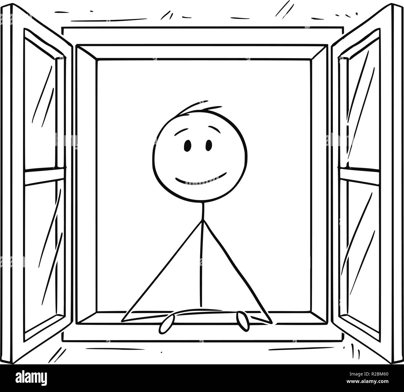 Cartoon di uomo che guarda attraverso la finestra aperta Illustrazione Vettoriale