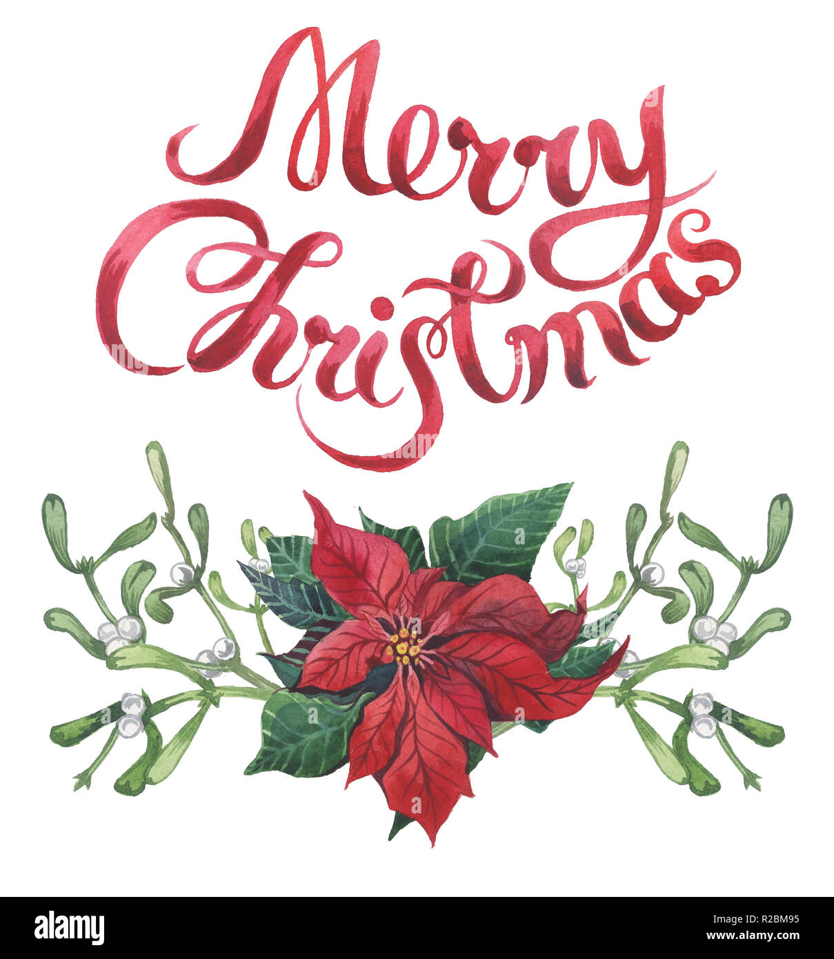 Acquerello natale stampa floreale con buon Natale scritte. Anno nuovo ramo di albero con poinsettia, vischio, agrifoglio e coni per progettazione, stampare o Foto Stock