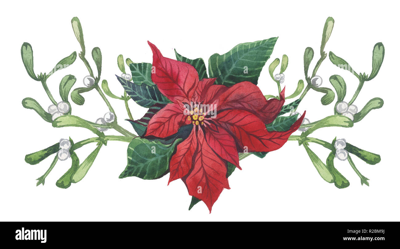 Acquerello poinsettia con Natale decorazioni floreali. Dipinto a mano tradizionale di fiori e piante: Holly, vischio, bacche e ramo di abete isolato su wh Foto Stock