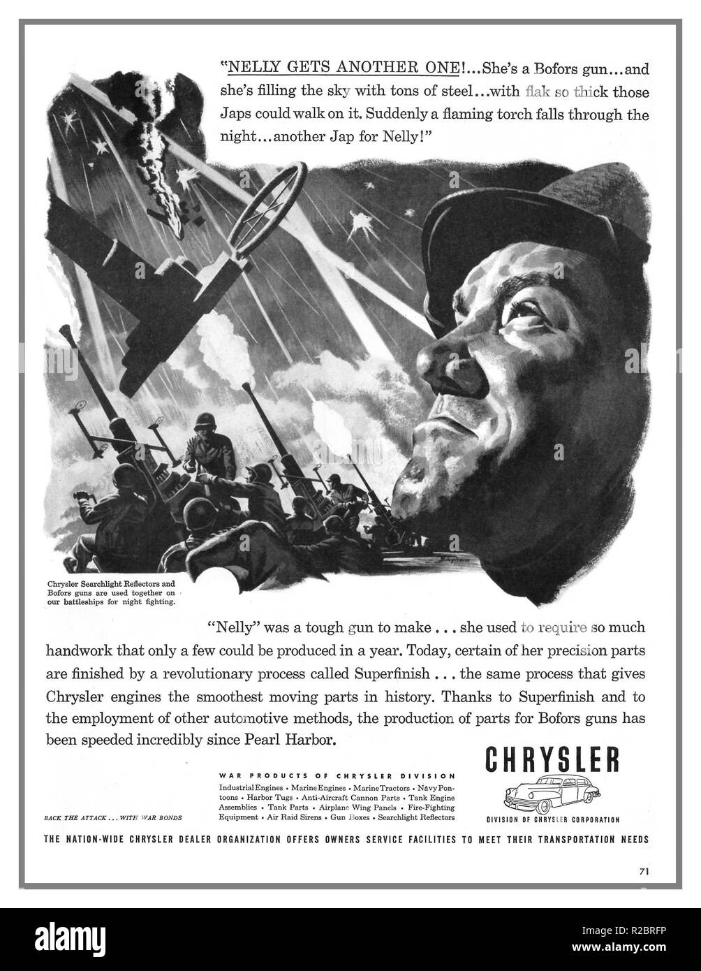 WW2 la propaganda americana pubblicità da Chrysler Corporation 1940 sforzo bellico. Bofors Gun e riflettori proiettore la produzione negli Stati Uniti è aumentato rapidamente poiché aggressione giapponese a Pearl Harbor Foto Stock