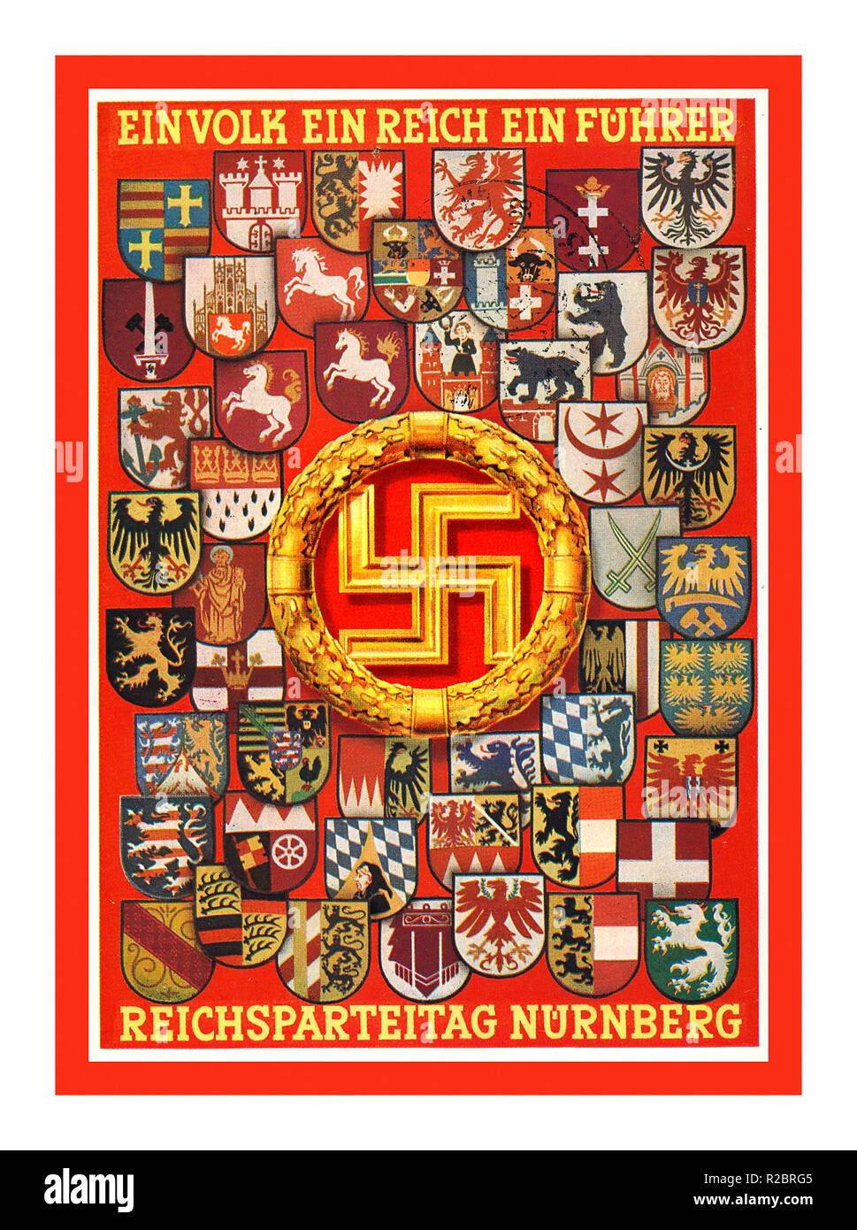 Nazi Rally emblemi Propaganda 1938, 'REICHSPARTEITAG NÜRNBERG EIN VOLK EIN REICH EIN FÜHRER", emblema con la svastica circondata dalla bandiera Reichsparteitag scudi del partito nazista NSDAP Nürnberg Germania 1930 Foto Stock