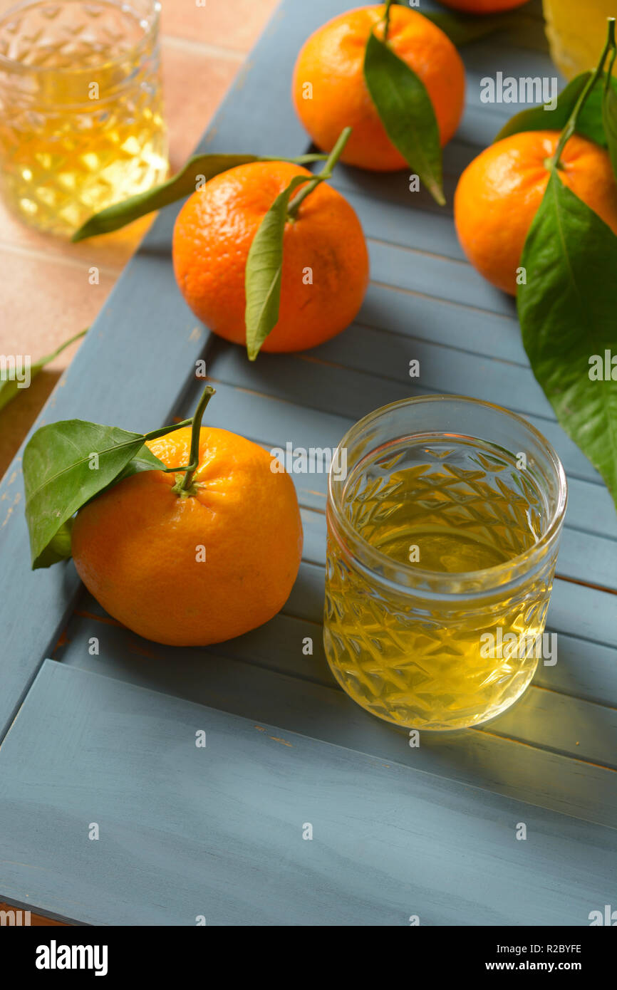 Siciliano di liquore di mandarino con frutti intorno - primo piano Foto Stock