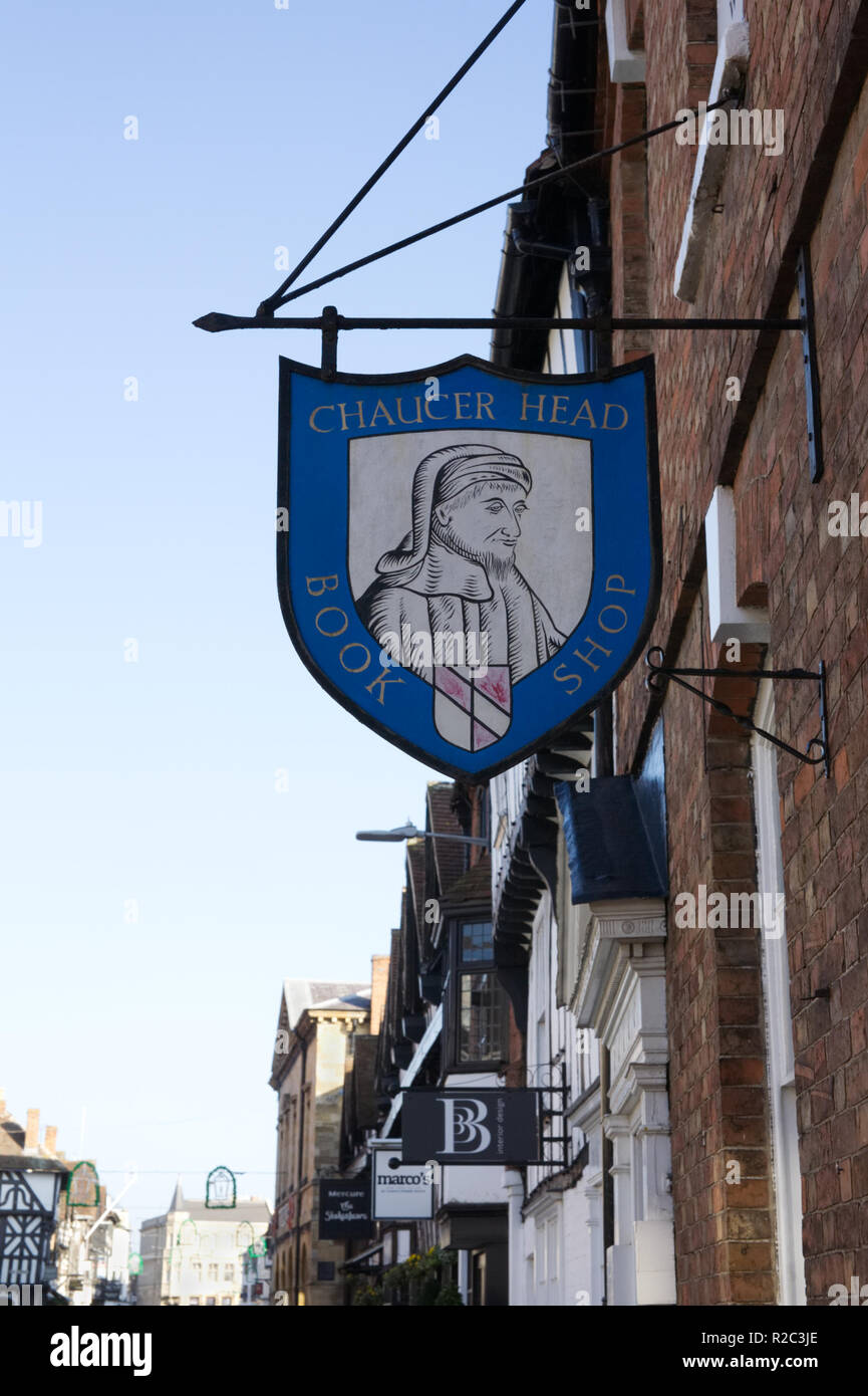 Testa di Chaucer Bookshop segno, Stratford upon Avon. Foto Stock