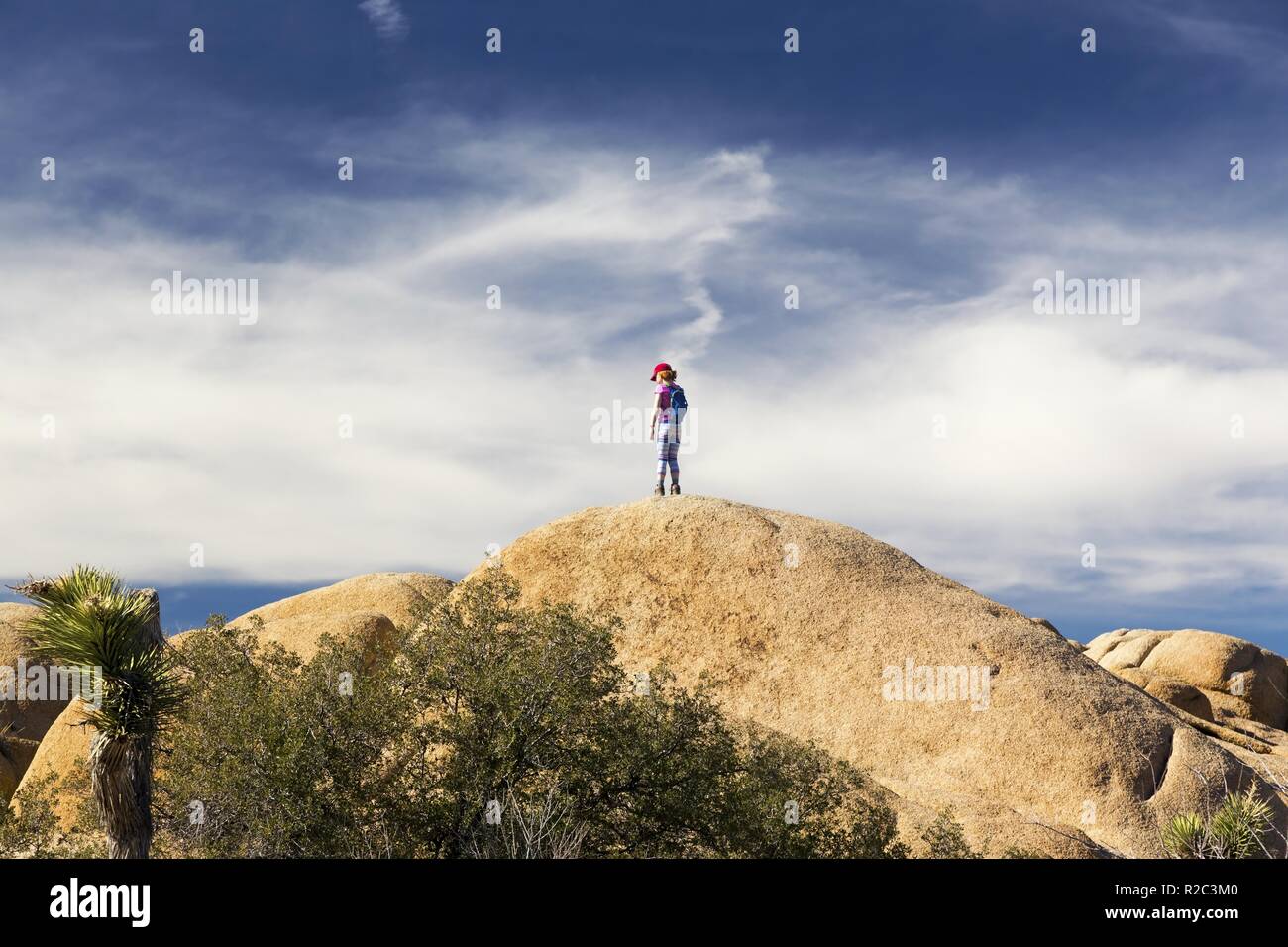 Bambino in piedi sul boulder guardando Scenic il paesaggio del deserto vista di Joshua Tree National Park nel Sud della California USA Foto Stock