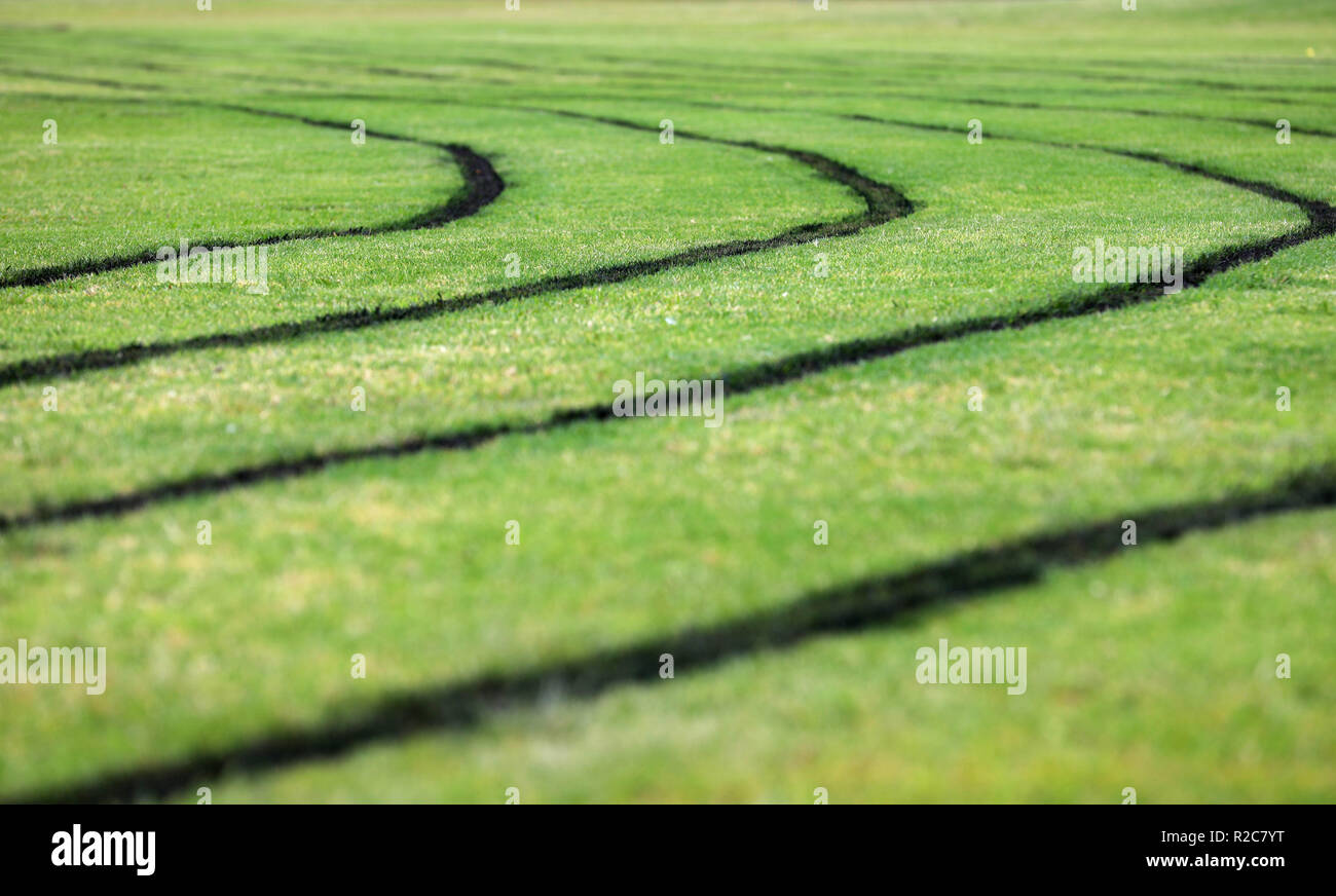 Basso angolo di vista dipinta di fresco nero marcatura di corsia segni per un consiglio locale corsa atletica via. Lussureggiante verde erba campo sportivo in buone condizioni Foto Stock