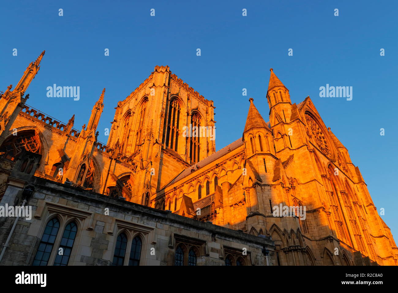 Il tetto della cattedrale di York Minster nel North Yorkshire emette un bagliore dorato durante il tramonto. Foto Stock