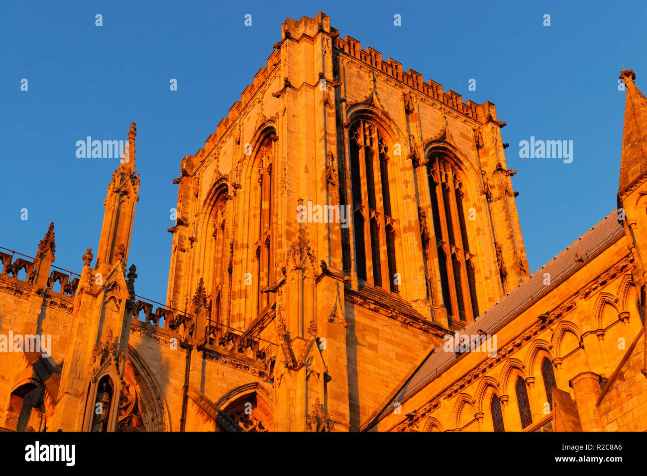 Il tetto della cattedrale di York Minster nel North Yorkshire emette un bagliore dorato durante il tramonto. Foto Stock