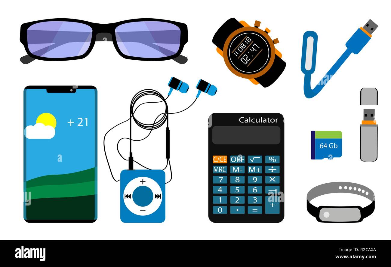 Una serie di gadget. Smartphone, bicchieri, giocatore, calcolatrice, di unità di memoria. Isolato su sfondo bianco. Illustrazione Vettoriale. Illustrazione Vettoriale