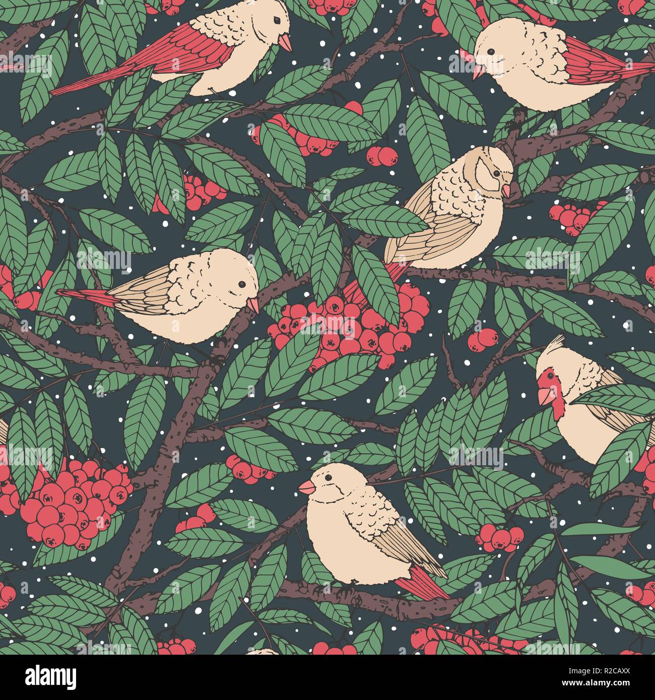 Disegnata a mano vector seamless pattern con uccelli, rami, foglie e rowanberry nero su sfondo tratteggiato. Nevoso inverno decorazione ornamento per tessuto Illustrazione Vettoriale