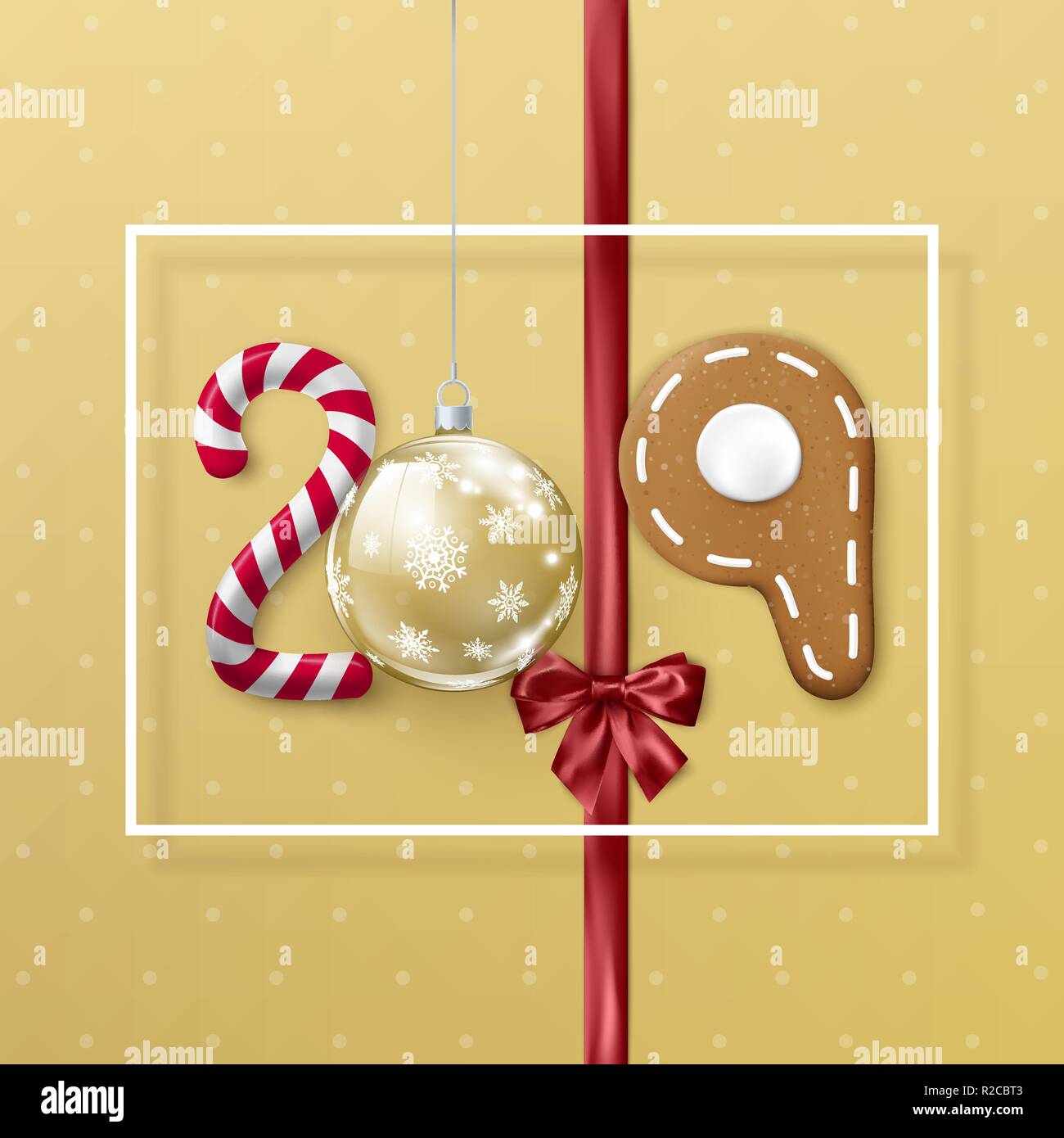 Anno Nuovo 2019 banner con cornice bianca. Creative lettering festive. Caramelle e palla di Natale nastro con archetto e gingerbread cookie. Illustratio vettore Illustrazione Vettoriale