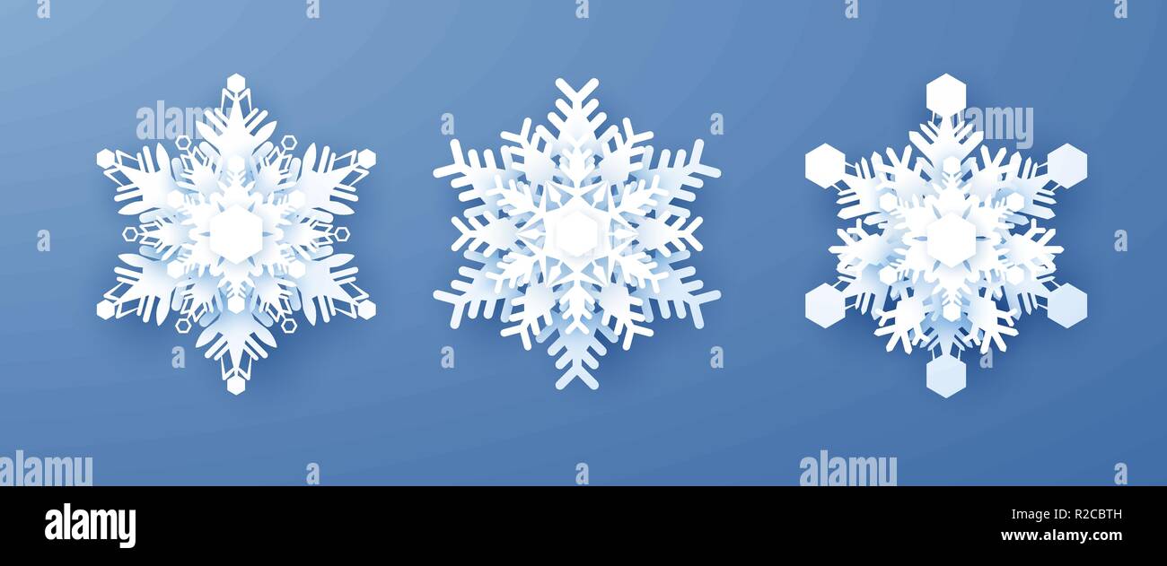 White Paper di fiocchi di neve. Nuovo anno e decorazione di Natale. Illustrazione di vettore isolato su sfondo blu Illustrazione Vettoriale