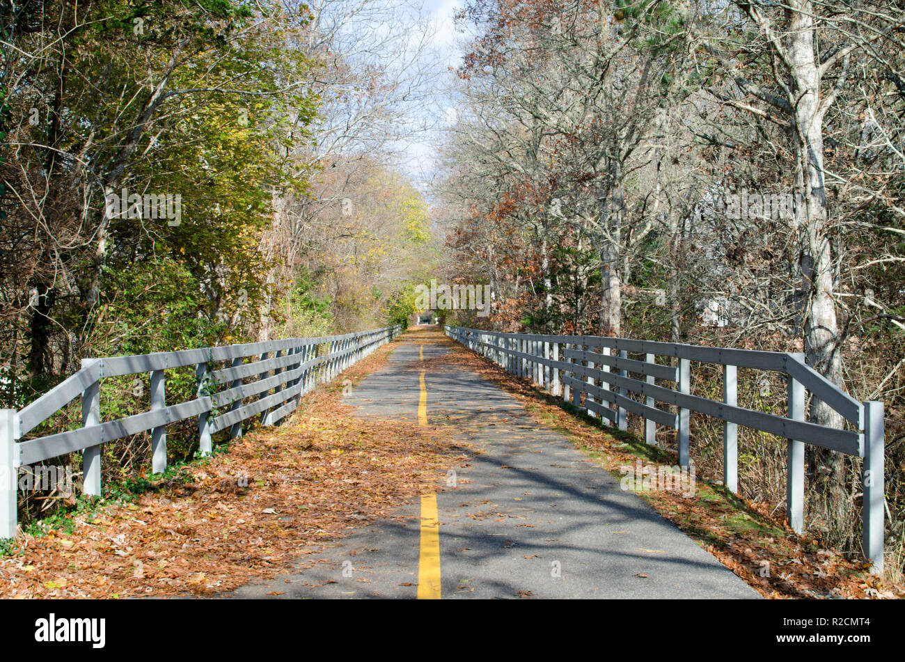 Tranquilla Falmouth, MA mare splendente Bikeway popolare per camminare su una tranquilla giornata di novembre con caduta foglie, alberi, ringhiere e linea gialla sul marciapiede Foto Stock