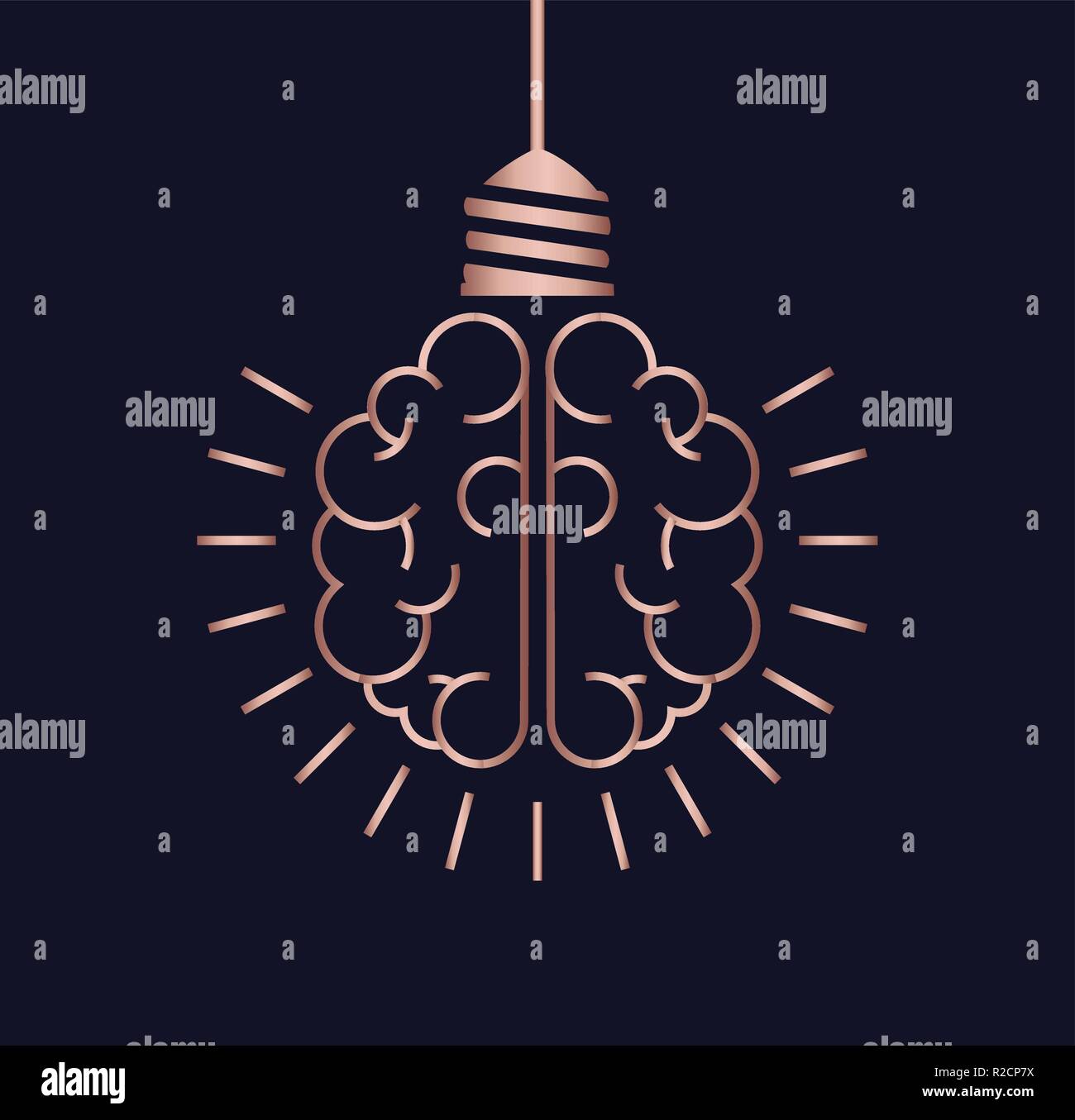 Le idee brillanti semplice concetto design, lusso color rame cervello umano come lampadina luce nel pulire la linea moderna stile d'arte. Illustrazione Vettoriale
