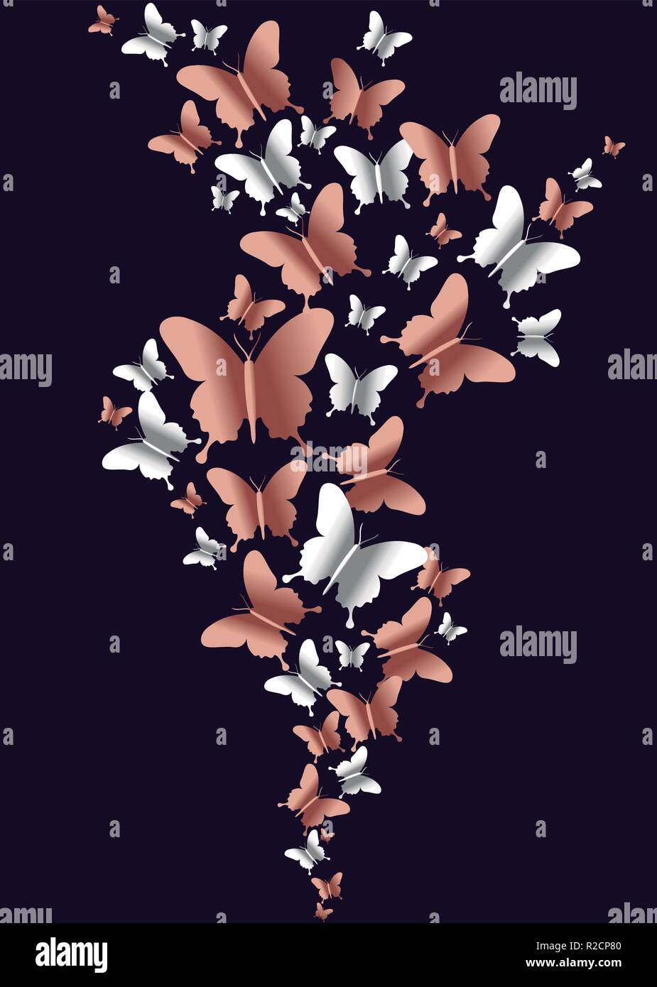 Molla di rame farfalle volare su sfondo vuoto, concetto illustrazione. Gruppo a farfalla realizzata in bronzo texture. Illustrazione Vettoriale