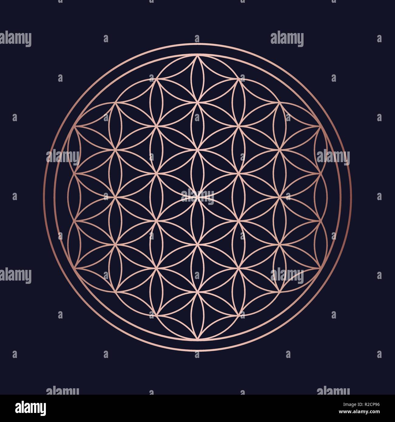 Mandala moderno con geometria sacra forme, simbolo del concetto astratto di design minimalista in color rame. Illustrazione Vettoriale