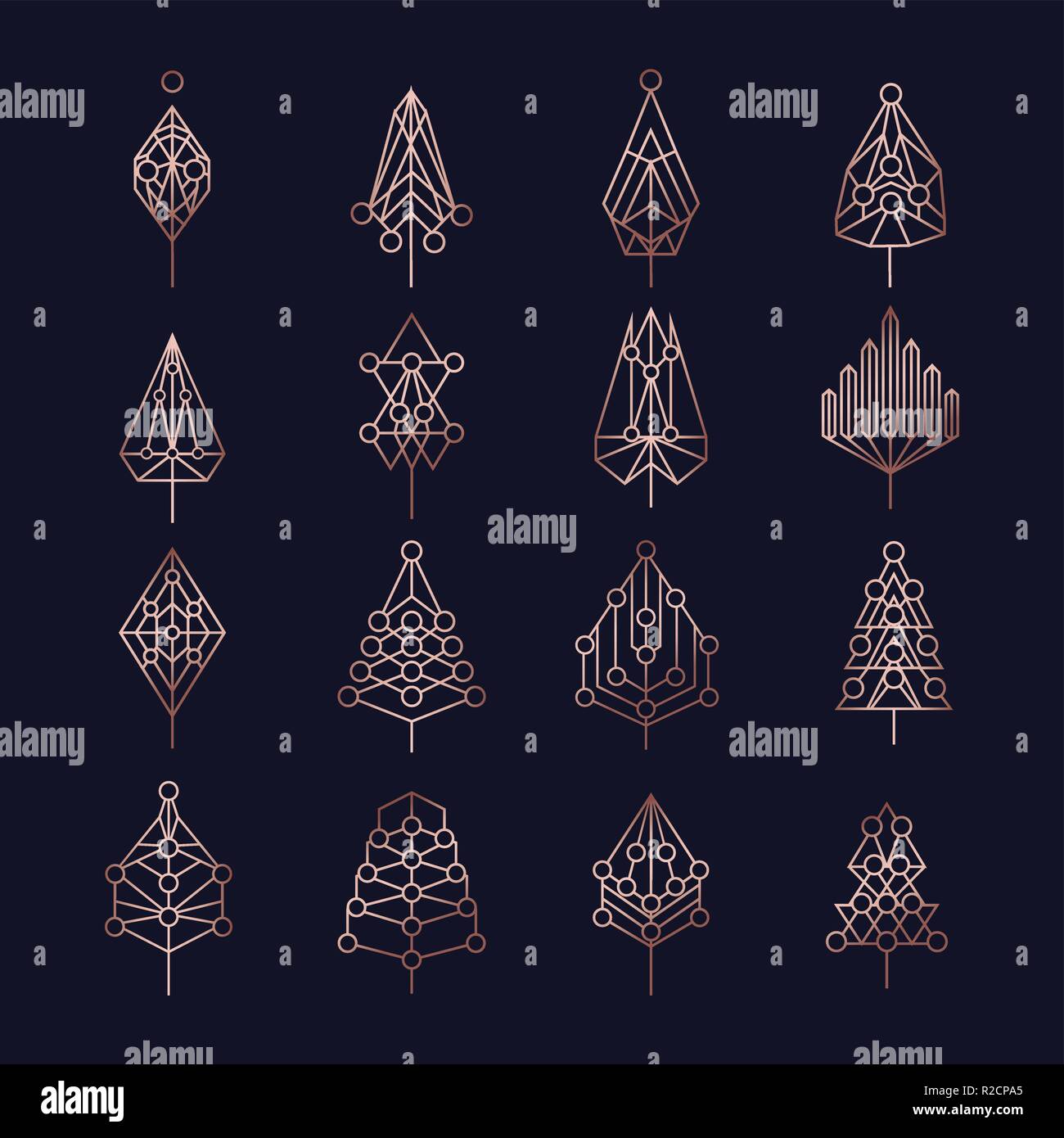 Set di astratta stile contorno natale alberi di pino con geometrica holiday ornamenti in color rame. Ideale per creare il vostro xmas design, web o un Illustrazione Vettoriale