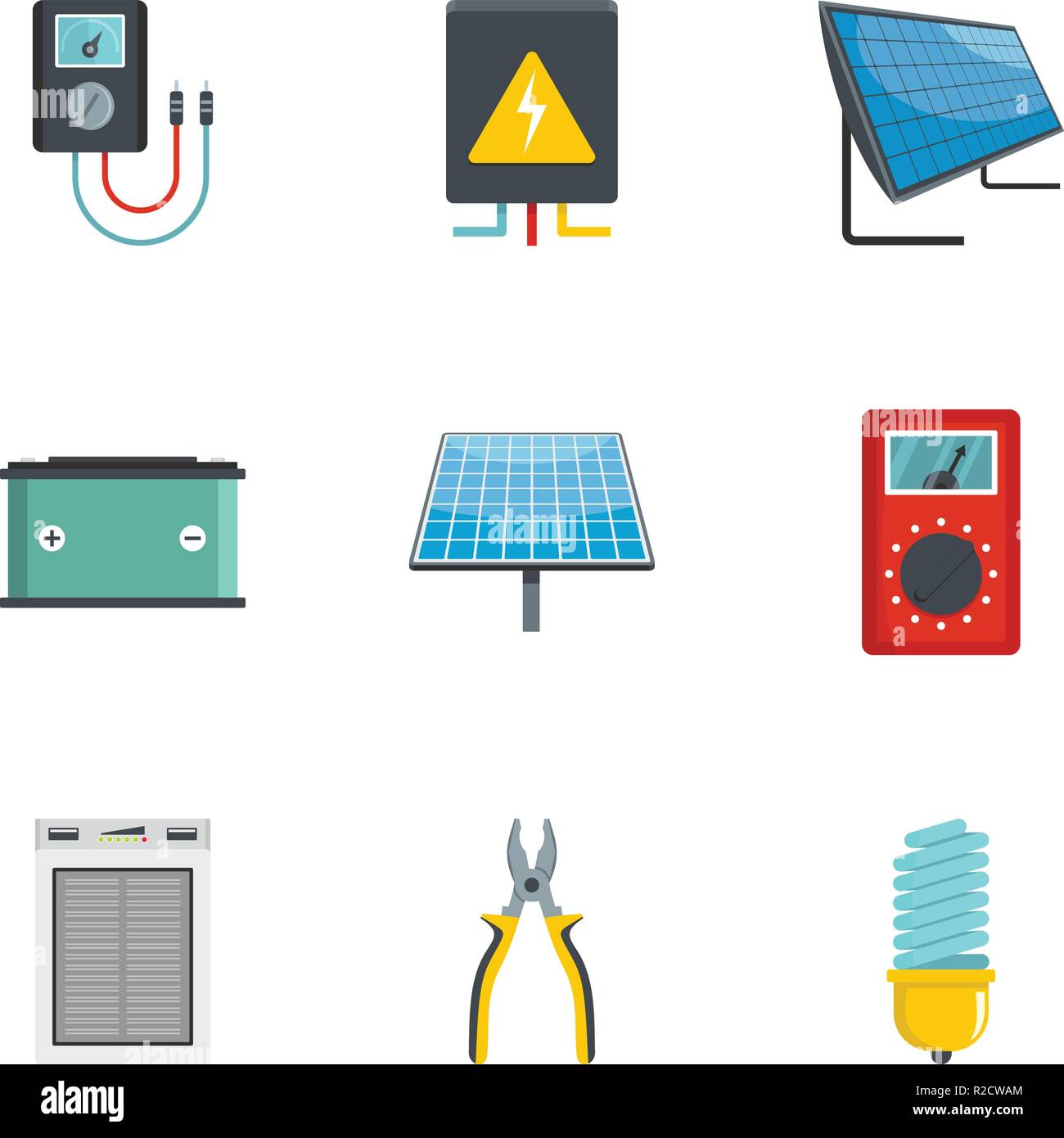 Elettricità tool set di icone. Cartoon set di 9 strumento di elettricità icone vettoriali per il web isolati su sfondo bianco Illustrazione Vettoriale