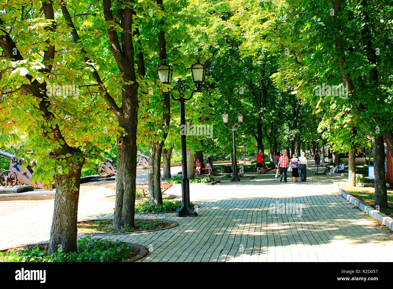 Le persone aventi un riposo nel parco cittadino con grandi alberi. Il parco della città. Passeggiate lungo il bellissimo parco della città. Paio di vacanza. Vacanze estive. Vacanza in famiglia. Tra Foto Stock