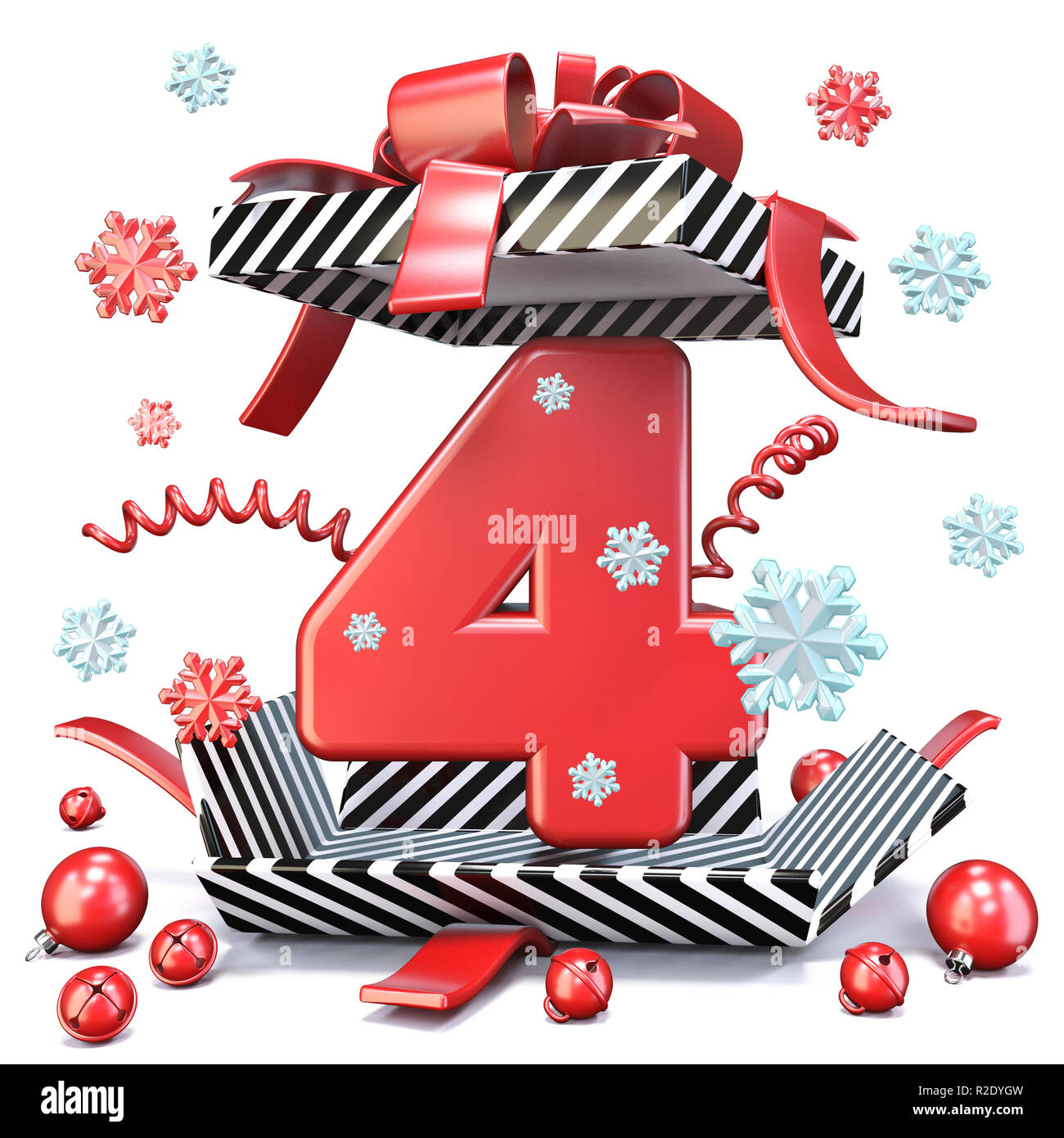Numero rosso quattro 4 all'interno della confezione regalo 3D rendering immagine isolata su sfondo bianco Foto Stock