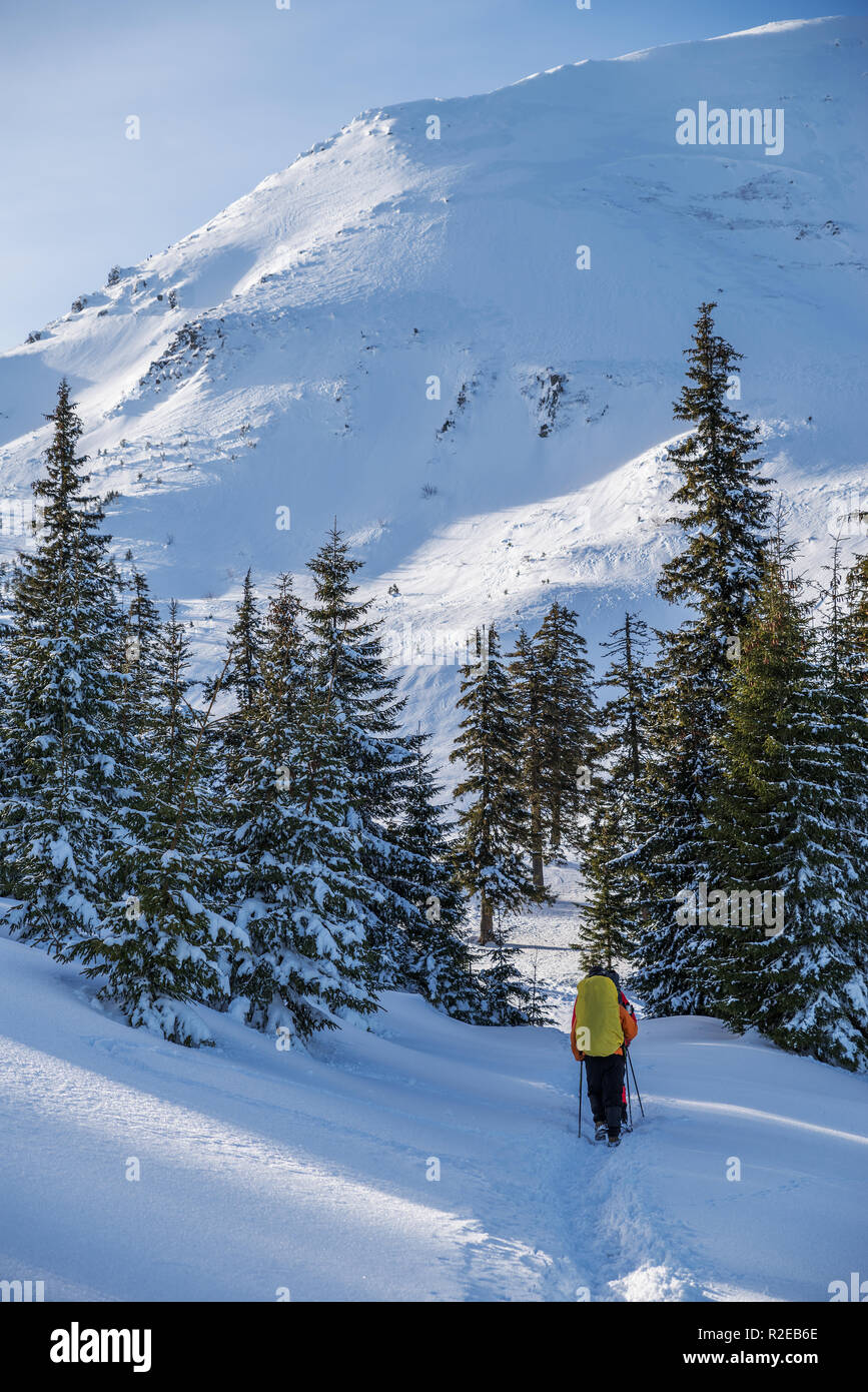 Escursioni invernali. I turisti sono le escursioni nelle montagne coperte di neve. Incantevole paesaggio invernale in montagna. Foto Stock