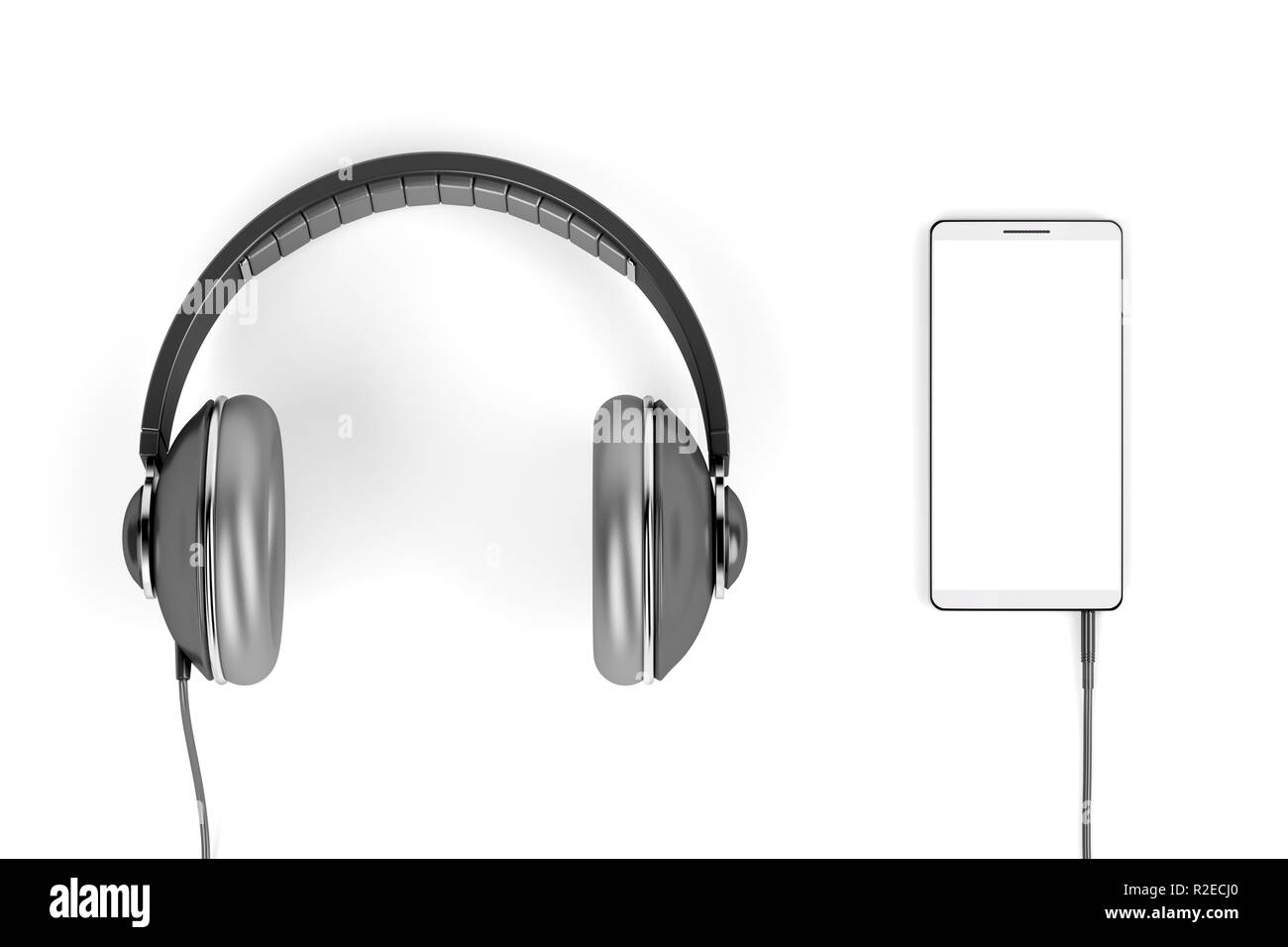 Grandi le cuffie cablate e smartphone con vuoto display bianco, vista dall'alto Foto Stock