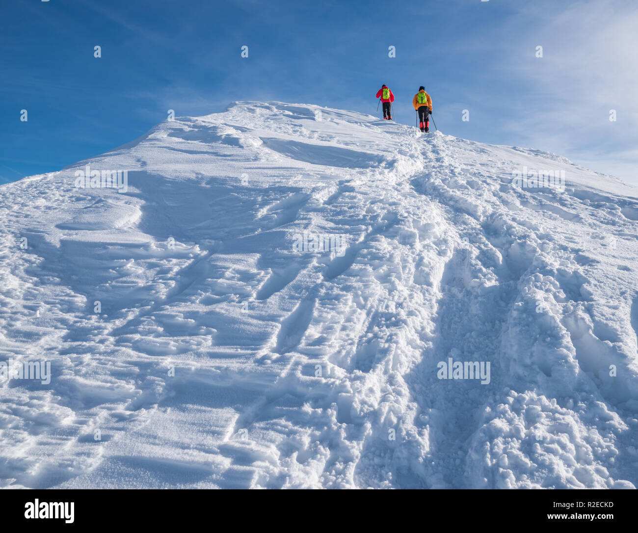 I turisti sul loro modo di neve-coperta di cima della montagna. Escursioni invernali. Foto Stock