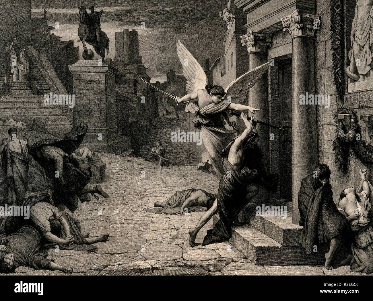 L'angelo della morte colpisce una porta durante la peste di Roma. Foto Stock