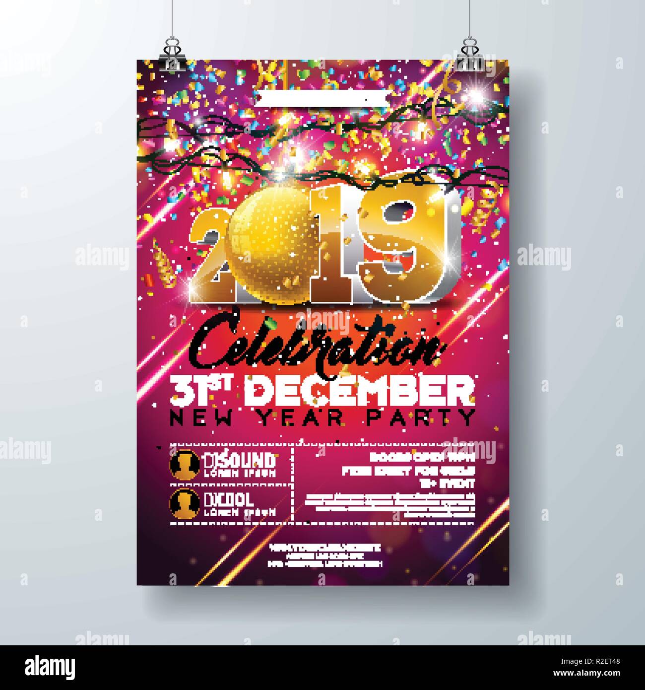 Illustrazione del modello del poster di festa di Capodanno con 3D 2019 numeri e confetti colorati in caduta su sfondo rosso. Vector Holiday Premium Illustrazione Vettoriale