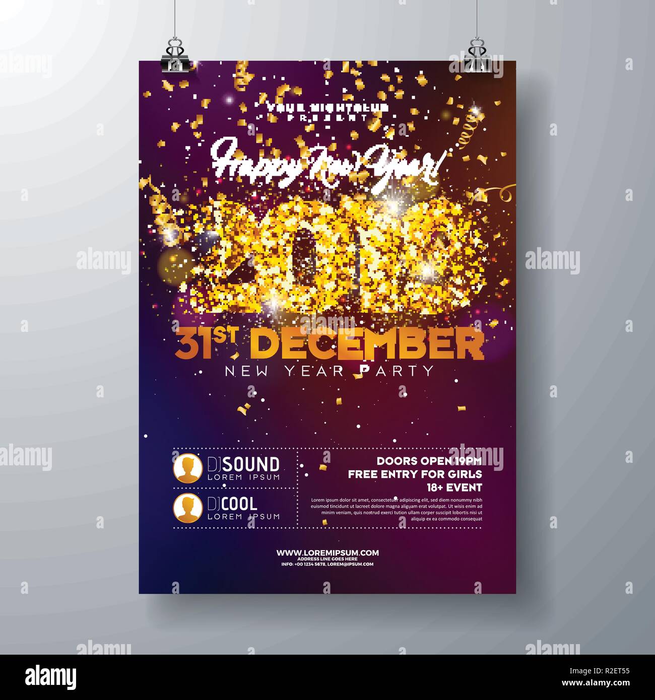 Illustrazione del modello del poster di festa di Capodanno 2019 con numero dorato glitterato e confetti colorati in caduta su sfondo lucido. Vettore Illustrazione Vettoriale