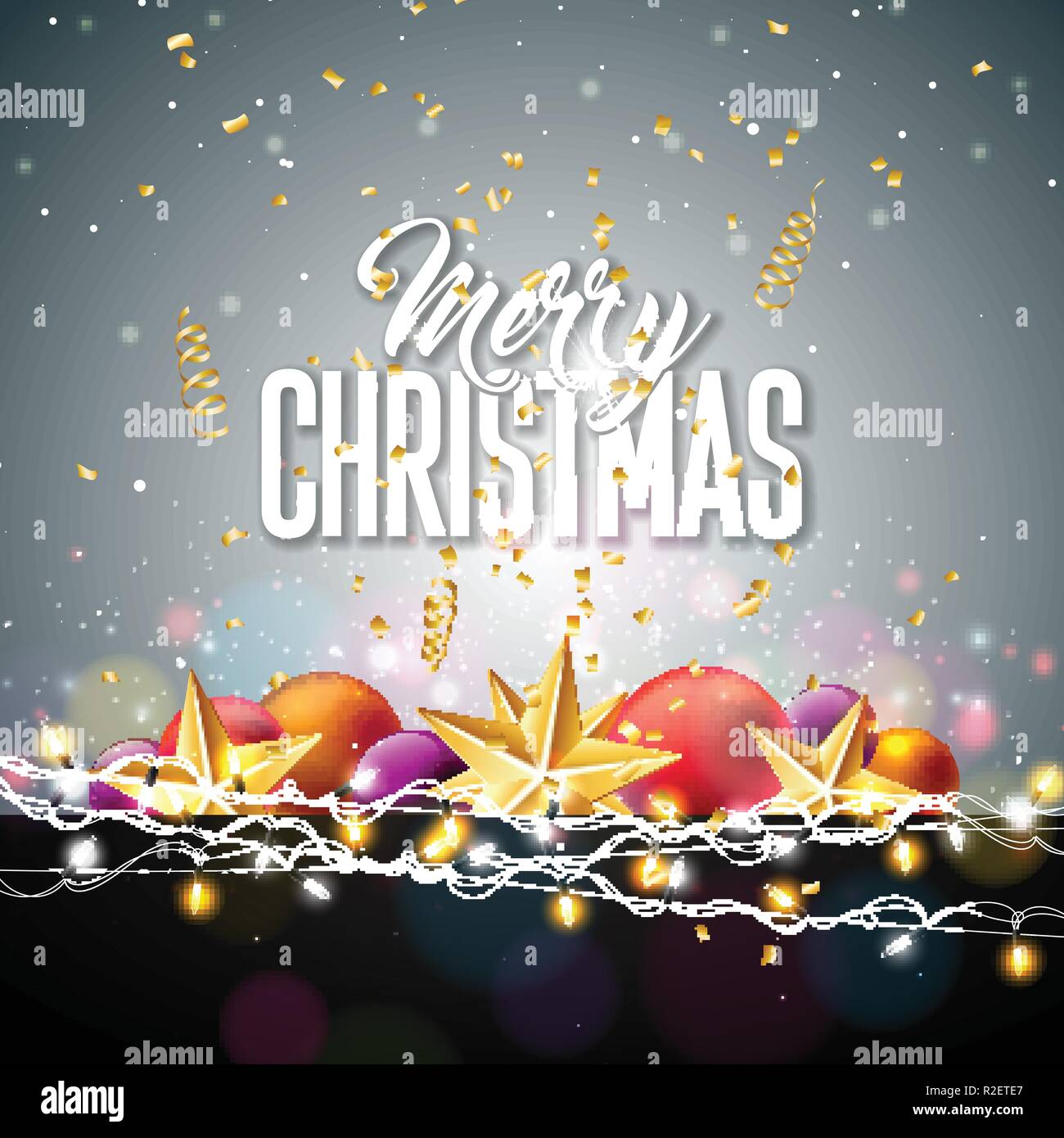 Allegra illustrazione di Natale con Gold Star, Glass Ball, Lights Garland e Falling Confetti su sfondo bianco. Vector Holiday Design per il saluto Illustrazione Vettoriale
