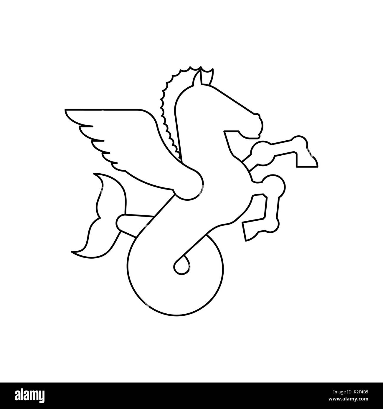 Mare Pegasus animale araldico stile lineare. Cavallo alato con coda di pesce. Ippocampo fantastica bestia. Monster per stemma. Araldica elemento di design. Illustrazione Vettoriale