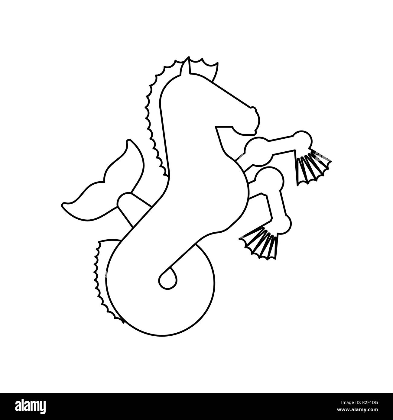 Ippocampo animale araldico stile lineare. Sea Horse con coda di pesce. Fantastico bestia. Monster per stemma. Araldica elemento di design. Illustrazione Vettoriale