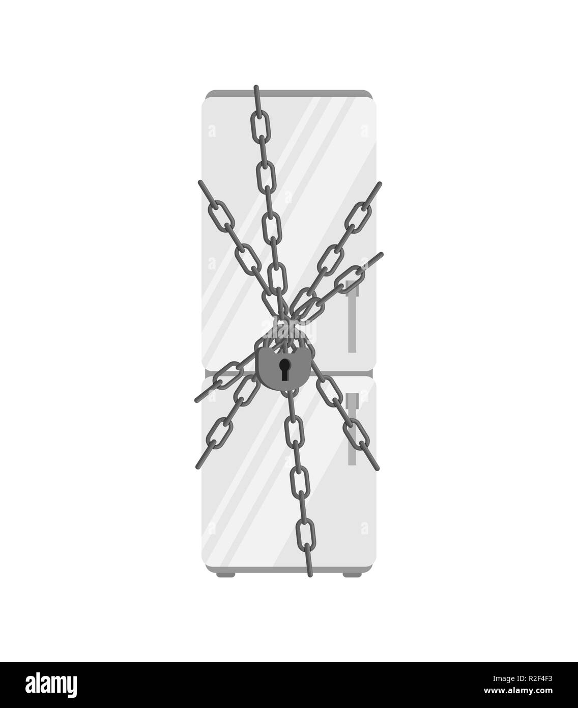 Frigorifero chiuso catena. Lucchetto di grandi dimensioni. Smettere di abitudini alimentari. Illustrazione Vettoriale