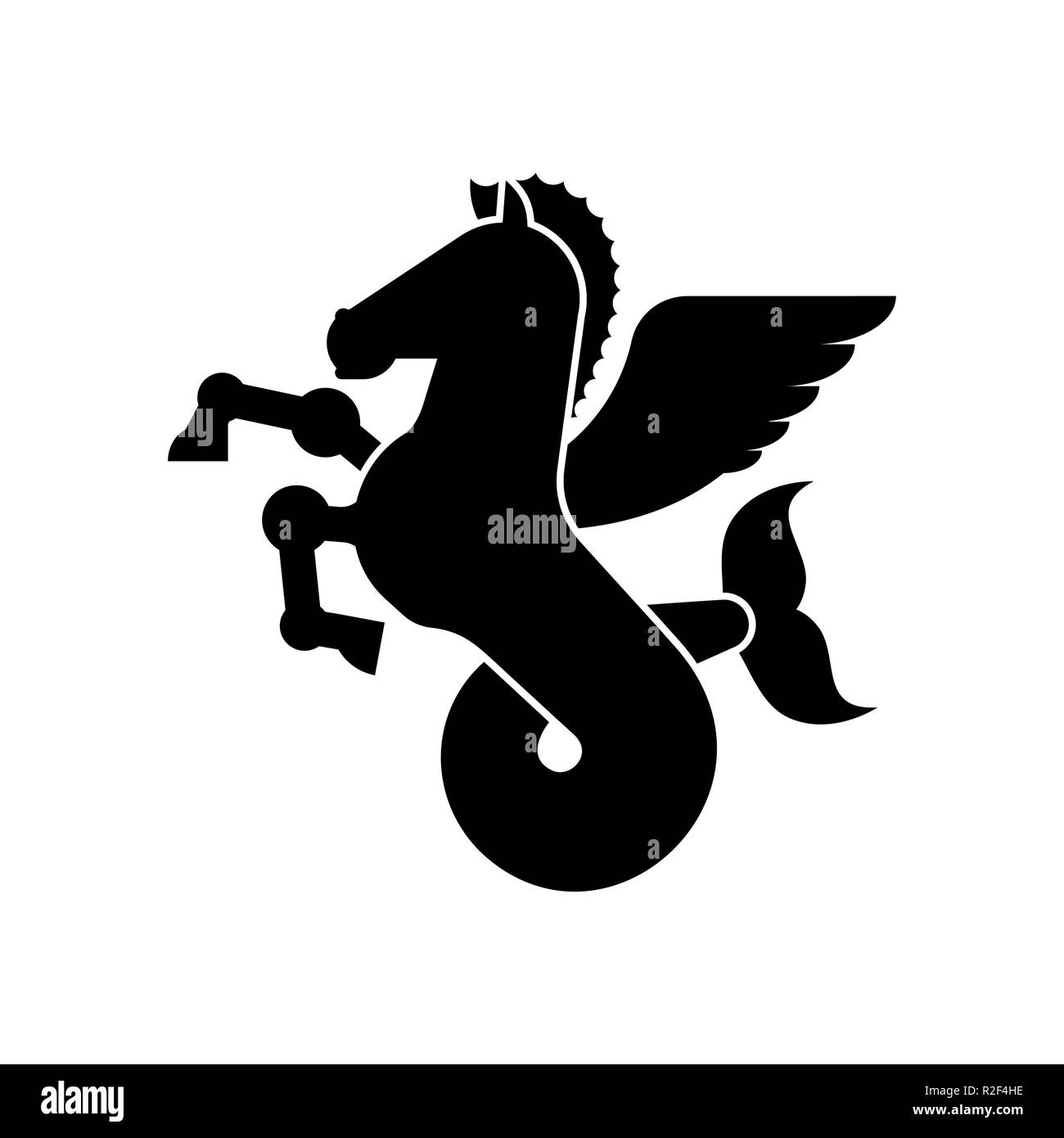 Mare Pegasus animale araldico Silhouette. Cavallo alato con coda di pesce. Ippocampo fantastica bestia. Monster per stemma. Araldica elemento di design. Illustrazione Vettoriale