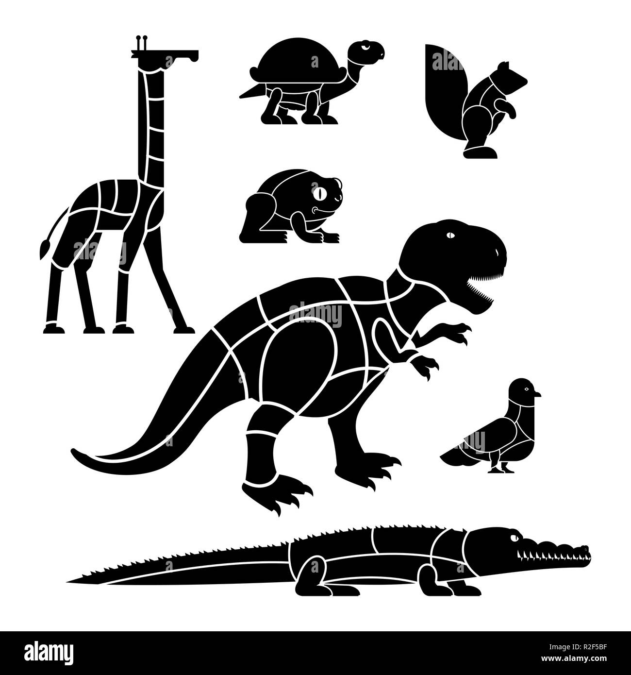 Taglio di carne di bestia giraffa e scoiattolo. Dinosauro e piccione. schema di silhouette di linee di diverse parti di carne. Come tagliare la carne di coccodrillo e turtl Illustrazione Vettoriale