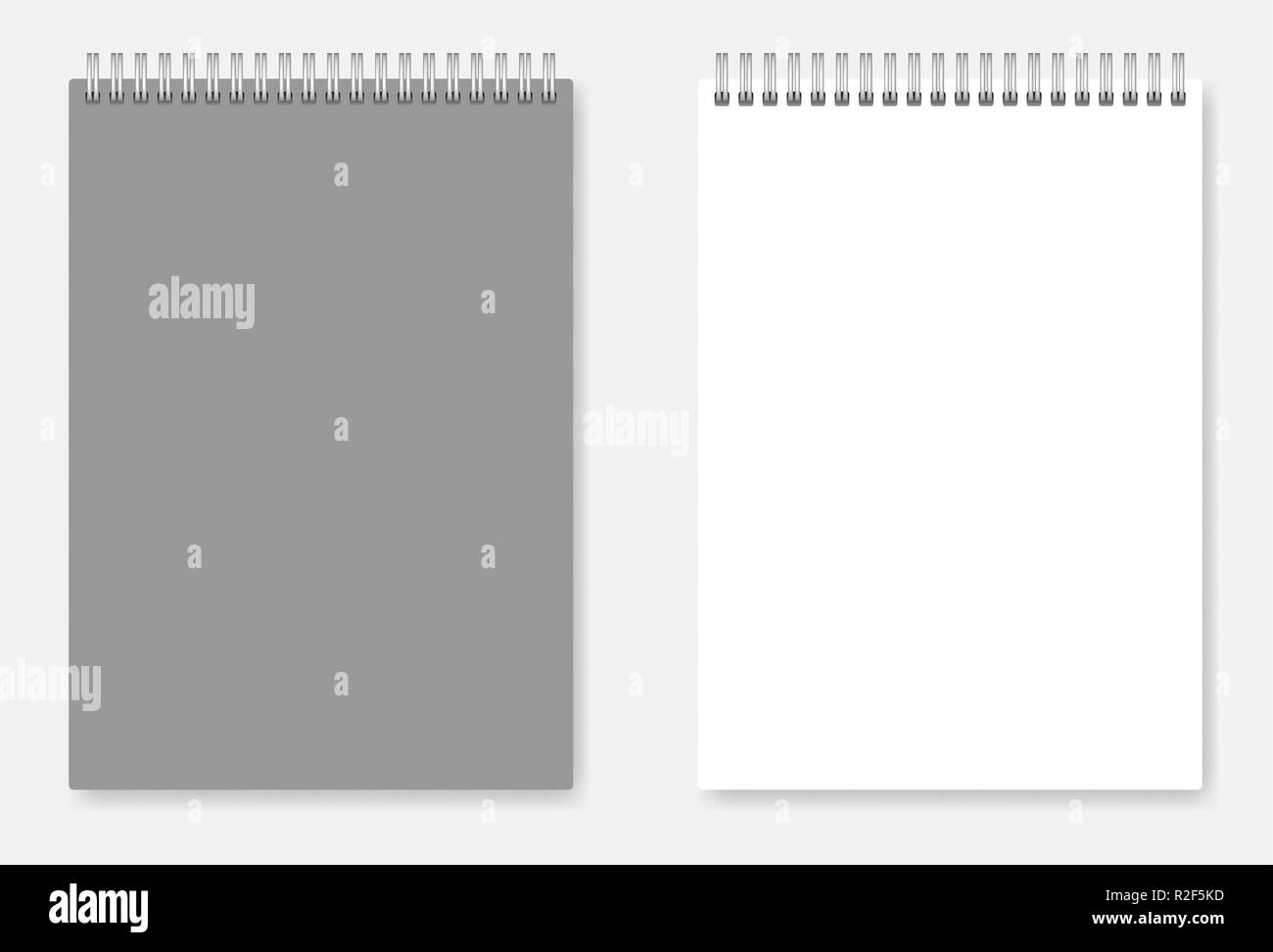 Vuoto bianco formato A6 la rilegatura a filo modello di notebook: pagina e coperchio grigio. Spirale chiara vettore notepad mock up Illustrazione Vettoriale