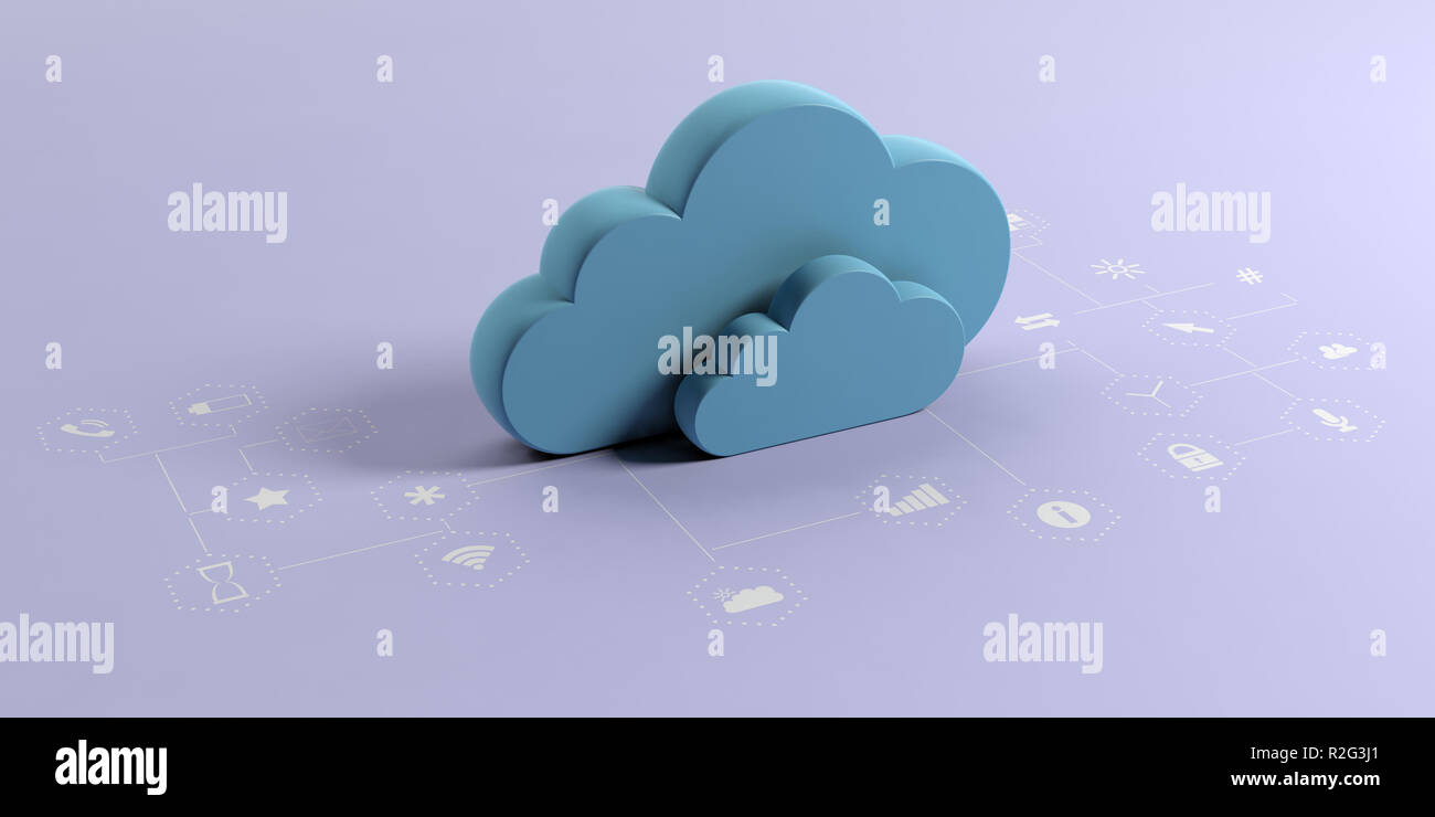 Il cloud computing e le applicazioni per dispositivi mobili. Nuvole blu su sfondo viola con le icone delle app. 3d illustrazione Foto Stock